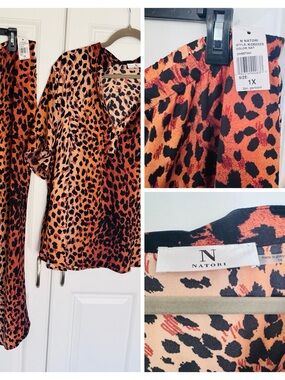 Natori Cheetah Print V-Neck Blouse in Orange and Black